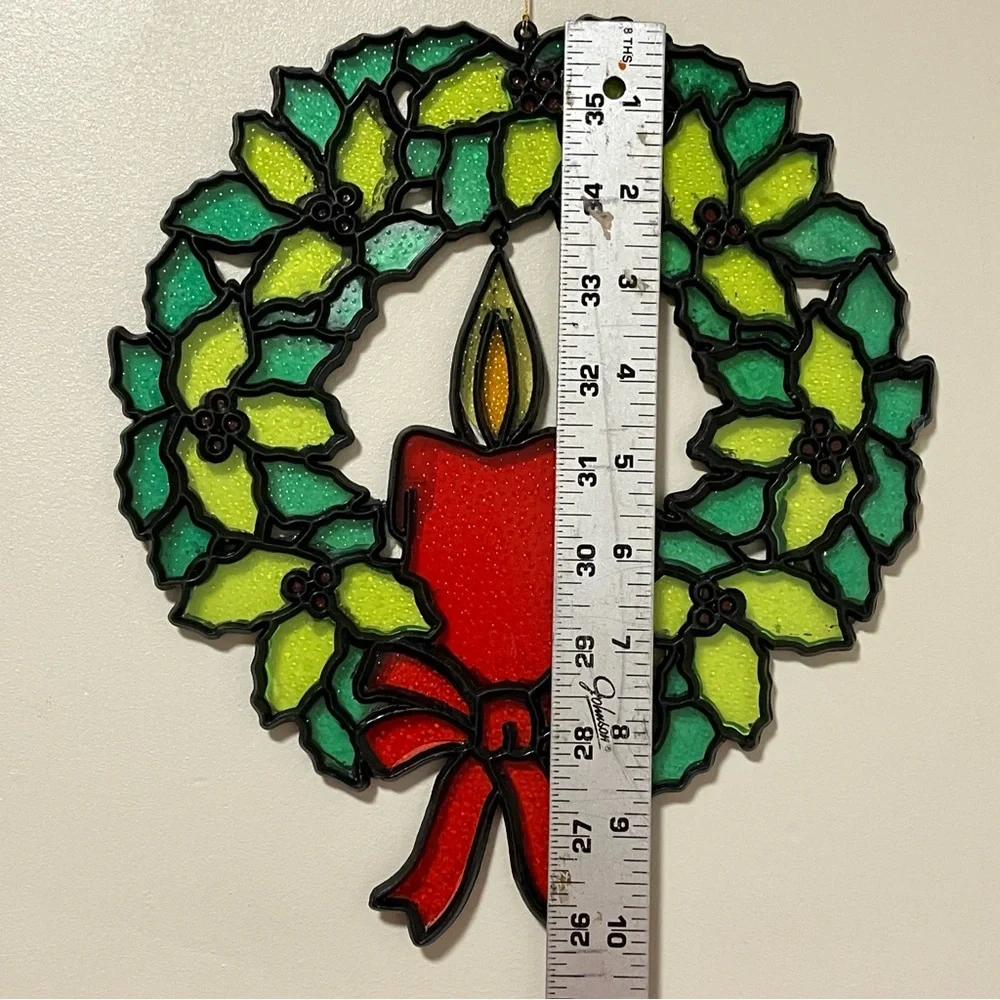 Vintage Plastic Stained Glass Style Holly Candle Wreath Suncatcher Hong Kong